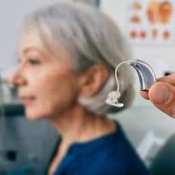Close-up of hearing aid near senior patient's ear at audiology clinic. Hearing solutions, hearing BTE aids