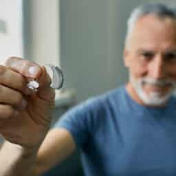 Senior man holding BTE hearing aid in hand on foreground, close-up.