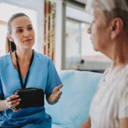 Senior woman seeking audiology care