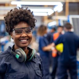 woman wearing hearing protection around neck in factory
